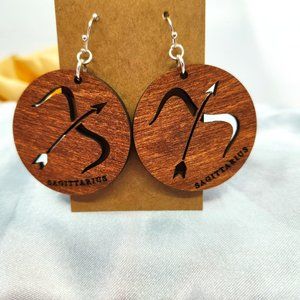 Sagittarius Baltic Birch Wood earrings, New, Handmade, Stained.